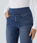 Denim Heat High Waisted Pockets Washed Casual Bootcut Jeans — Cloud Stack Blue Denim — view 4