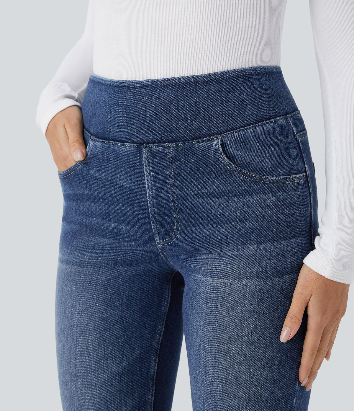 Denim Heat High Waisted Pockets Washed Casual Bootcut Jeans — Cloud Stack Blue Denim — view 4