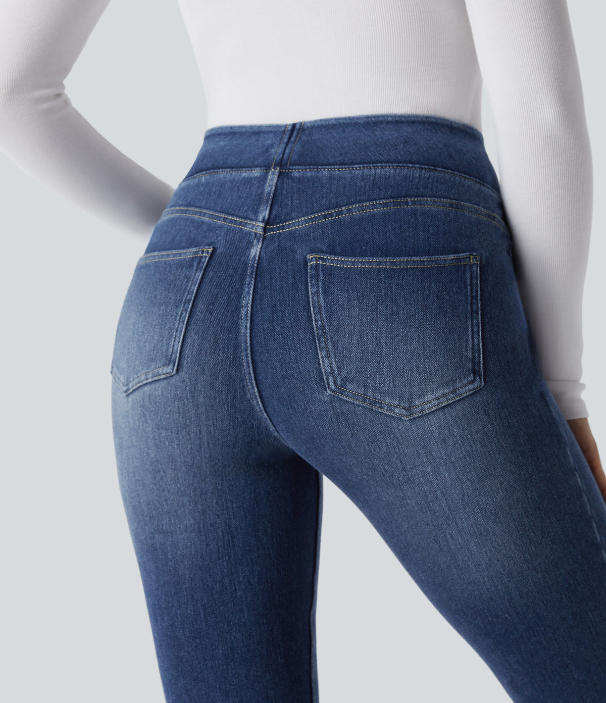 Denim Heat High Waisted Pockets Washed Casual Bootcut Jeans — Cloud Stack Blue Denim — view 5