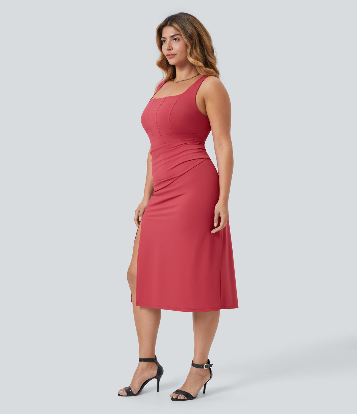 Airy Square Neck Backless Corset Ruched Split Bodycon Midi Bridesmaid and Wedding Guest Plus Size Dress — Winterberry — view 3
