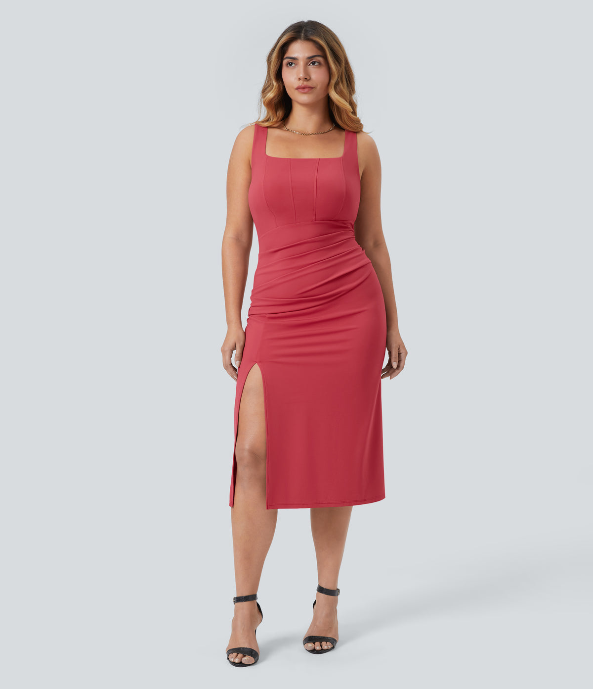 Airy Square Neck Backless Corset Ruched Split Bodycon Midi Bridesmaid and Wedding Guest Plus Size Dress — Winterberry — view 1