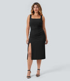 Airy Square Neck Backless Corset Ruched Split Bodycon Midi Bridesmaid and Wedding Guest Plus Size Dress — Black — view 6