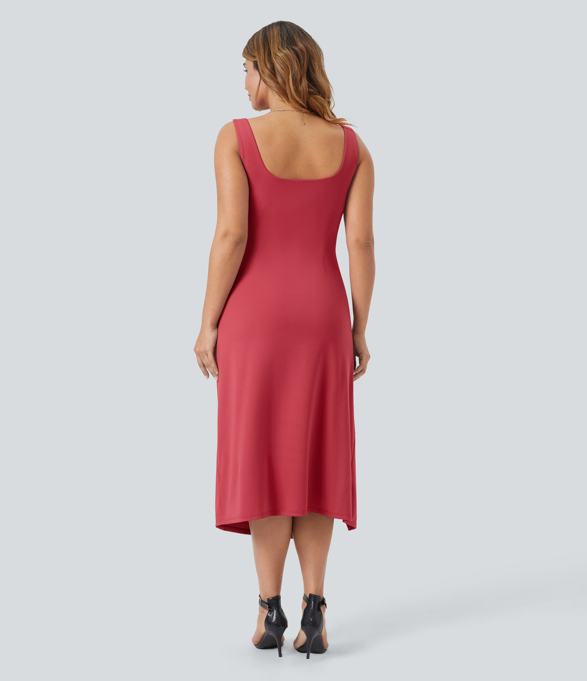 Airy Square Neck Backless Corset Ruched Split Bodycon Midi Bridesmaid and Wedding Guest Plus Size Dress — Winterberry — view 2