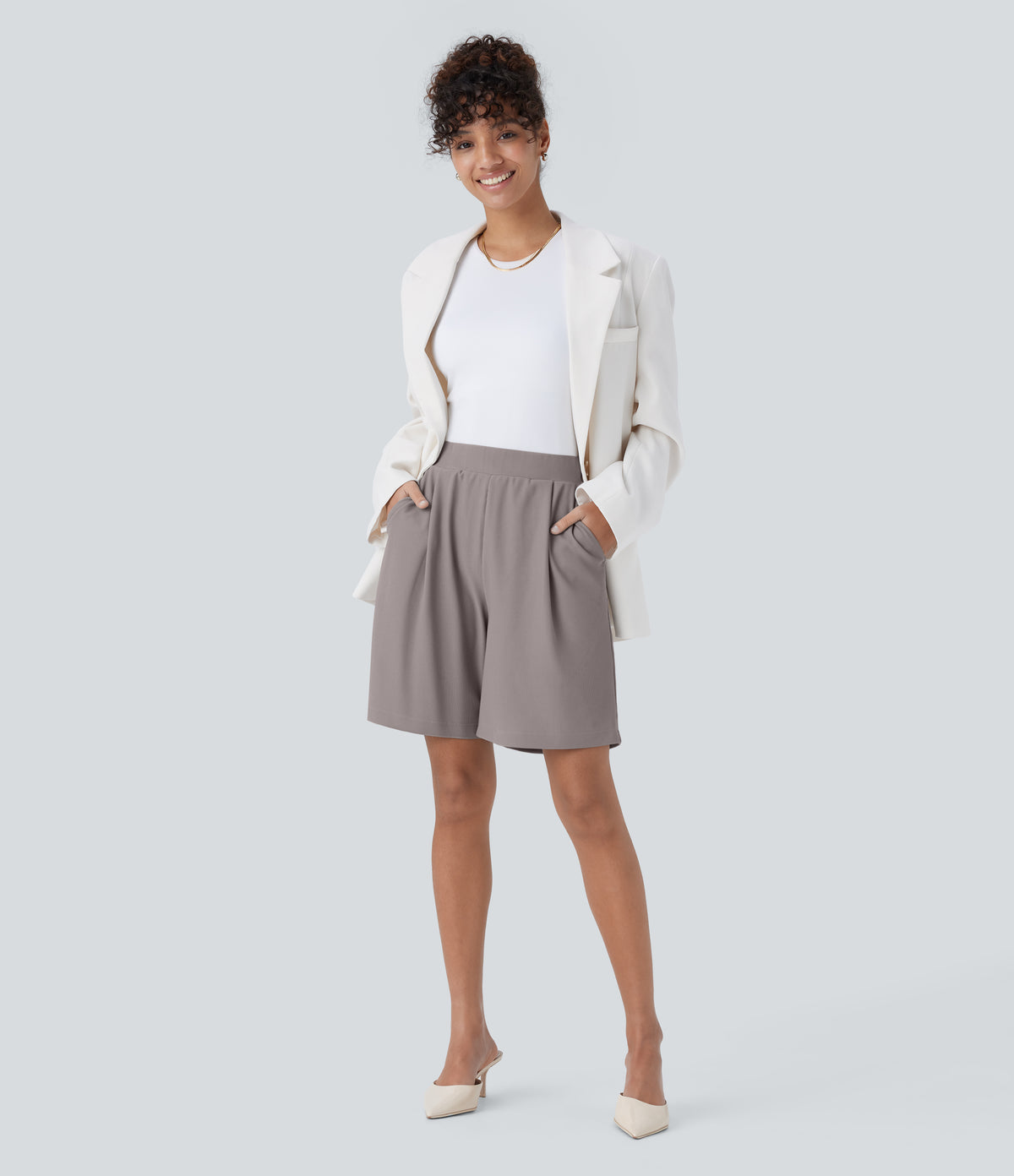 High Waisted Body Sculpt Waist-Slimming Side Pocket Micro Waffle Work Shorts — Satellite — view 6
