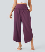 High Waisted Tummy Control Split Hem Quick Dry Resort Trousers with Pockets — Amaranth — view 3