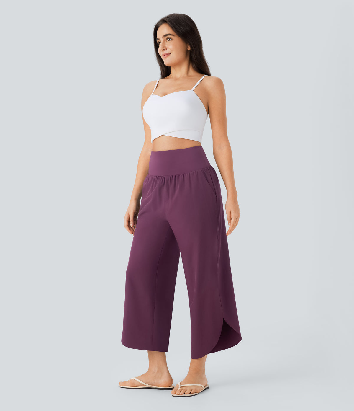 High Waisted Tummy Control Split Hem Quick Dry Resort Trousers with Pockets — Amaranth — view 6