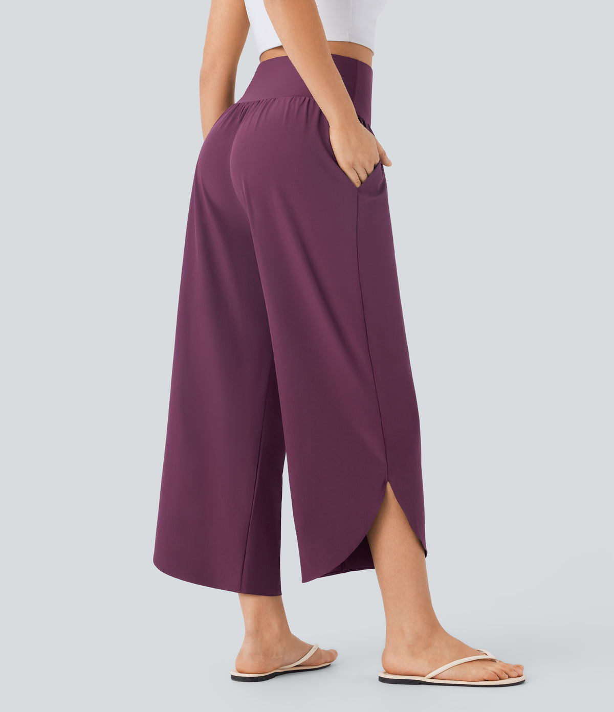 High Waisted Tummy Control Split Hem Quick Dry Resort Trousers with Pockets — Amaranth — view 2