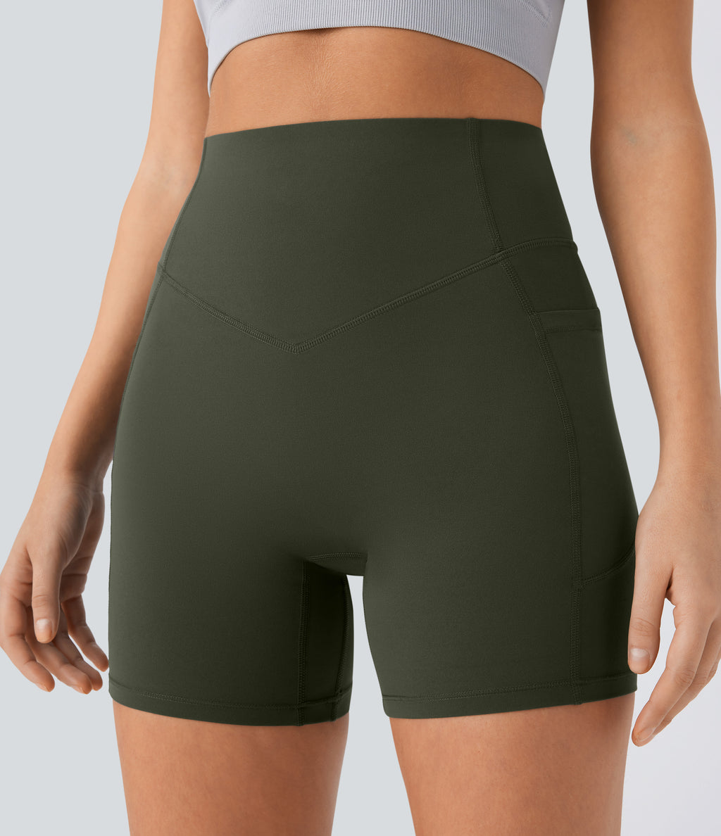 High Waisted Scrunch Butt Lifting Tummy Control Pocket Shaping Workout Biker Shorts 5'' — Deep Woodland Green — view 6