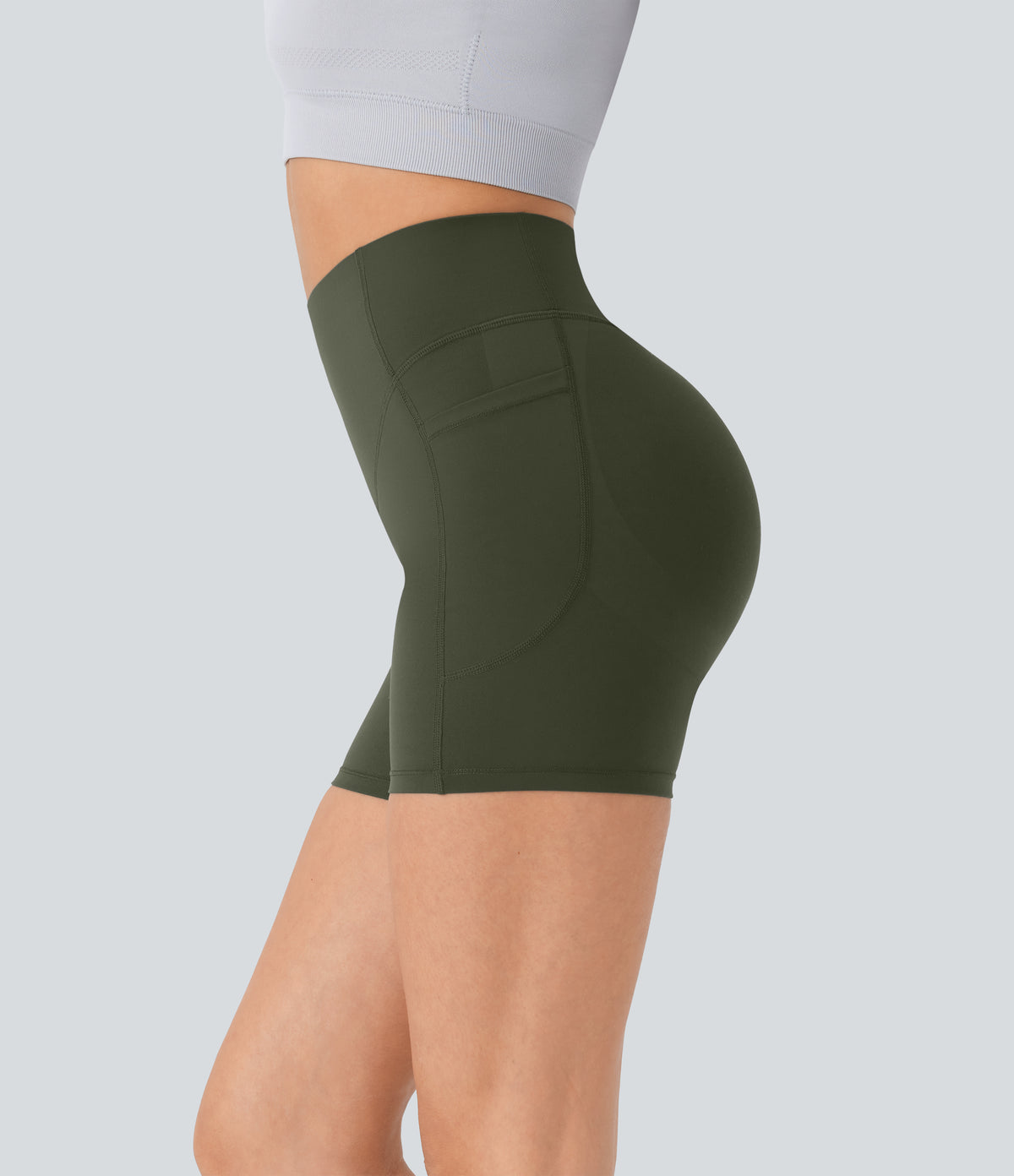 High Waisted Scrunch Butt Lifting Tummy Control Pocket Shaping Workout Biker Shorts 5'' — Deep Woodland Green — view 1