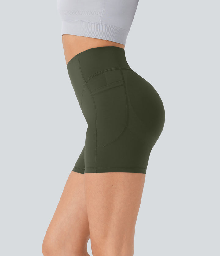 High Waisted Scrunch Butt Lifting Tummy Control Pocket Shaping Workout Biker Shorts 5'' — Deep Woodland Green — view 1