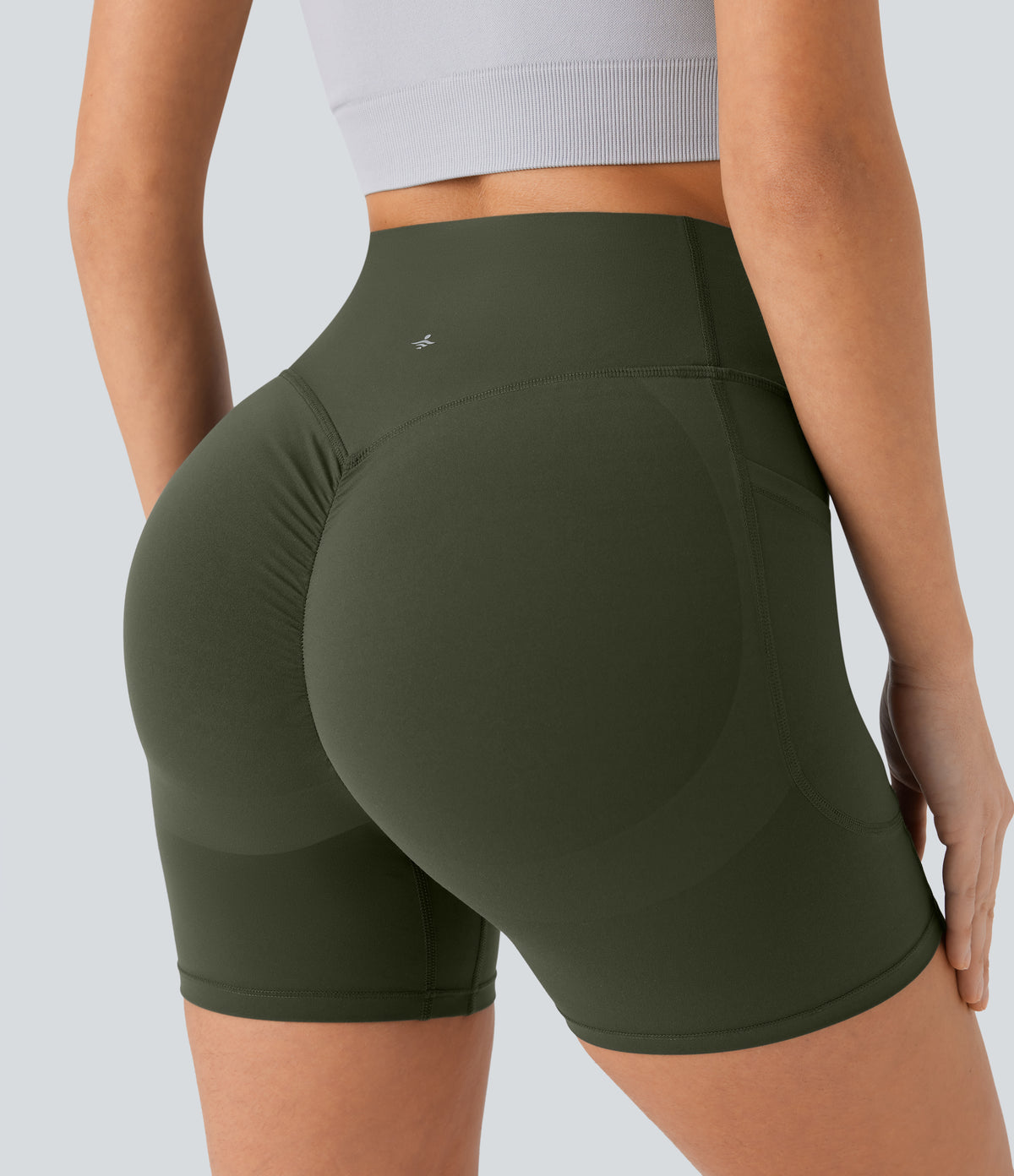 High Waisted Scrunch Butt Lifting Tummy Control Pocket Shaping Workout Biker Shorts 5'' — Deep Woodland Green — view 5