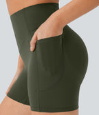 High Waisted Scrunch Butt Lifting Tummy Control Pocket Shaping Workout Biker Shorts 5'' — Deep Woodland Green — view 4