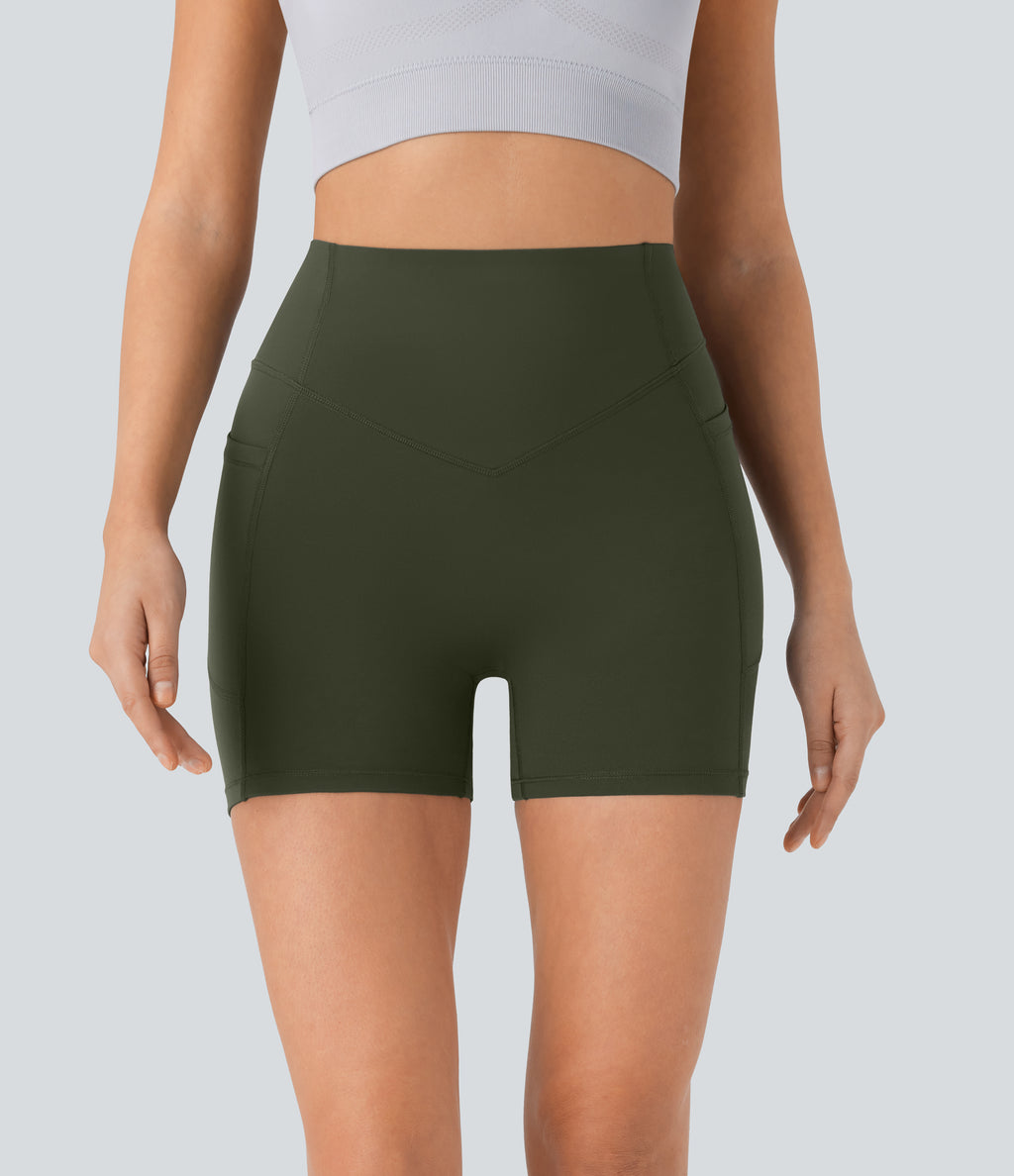 High Waisted Scrunch Butt Lifting Tummy Control Pocket Shaping Workout Biker Shorts 5'' — Deep Woodland Green — view 3