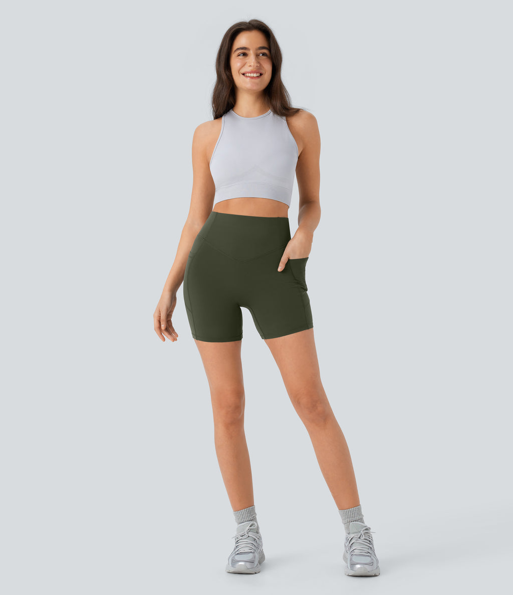 High Waisted Scrunch Butt Lifting Tummy Control Pocket Shaping Workout Biker Shorts 5'' — Deep Woodland Green — view 8
