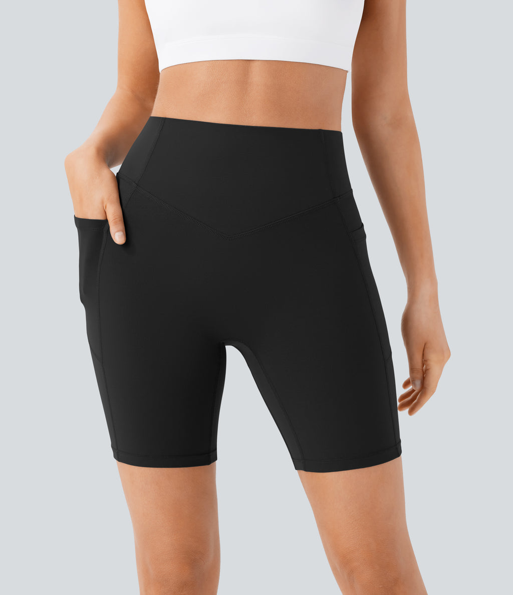 High Waisted Scrunch Butt Lifting Tummy Control Side Pocket Shaping Workout Biker Shorts 7'' — Black — view 4
