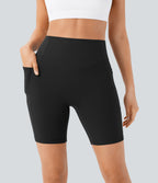 High Waisted Scrunch Butt Lifting Tummy Control Side Pocket Shaping Workout Biker Shorts 7'' — Black — view 4