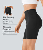 High Waisted Scrunch Butt Lifting Tummy Control Side Pocket Shaping Workout Biker Shorts 7'' — Black — view 1