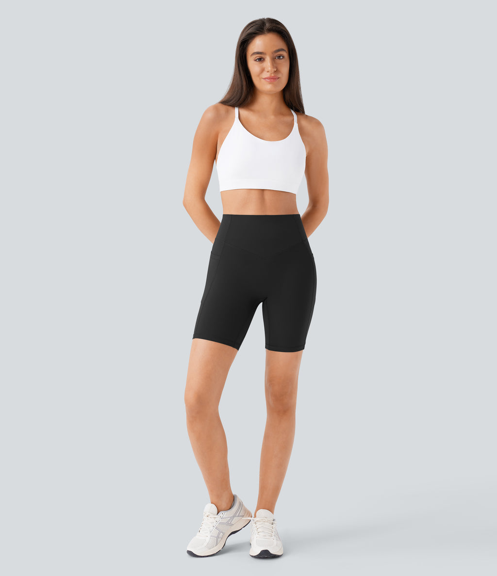 High Waisted Scrunch Butt Lifting Tummy Control Side Pocket Shaping Workout Biker Shorts 7'' — Black — view 7