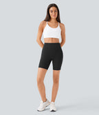 High Waisted Scrunch Butt Lifting Tummy Control Side Pocket Shaping Workout Biker Shorts 7'' — Black — view 7