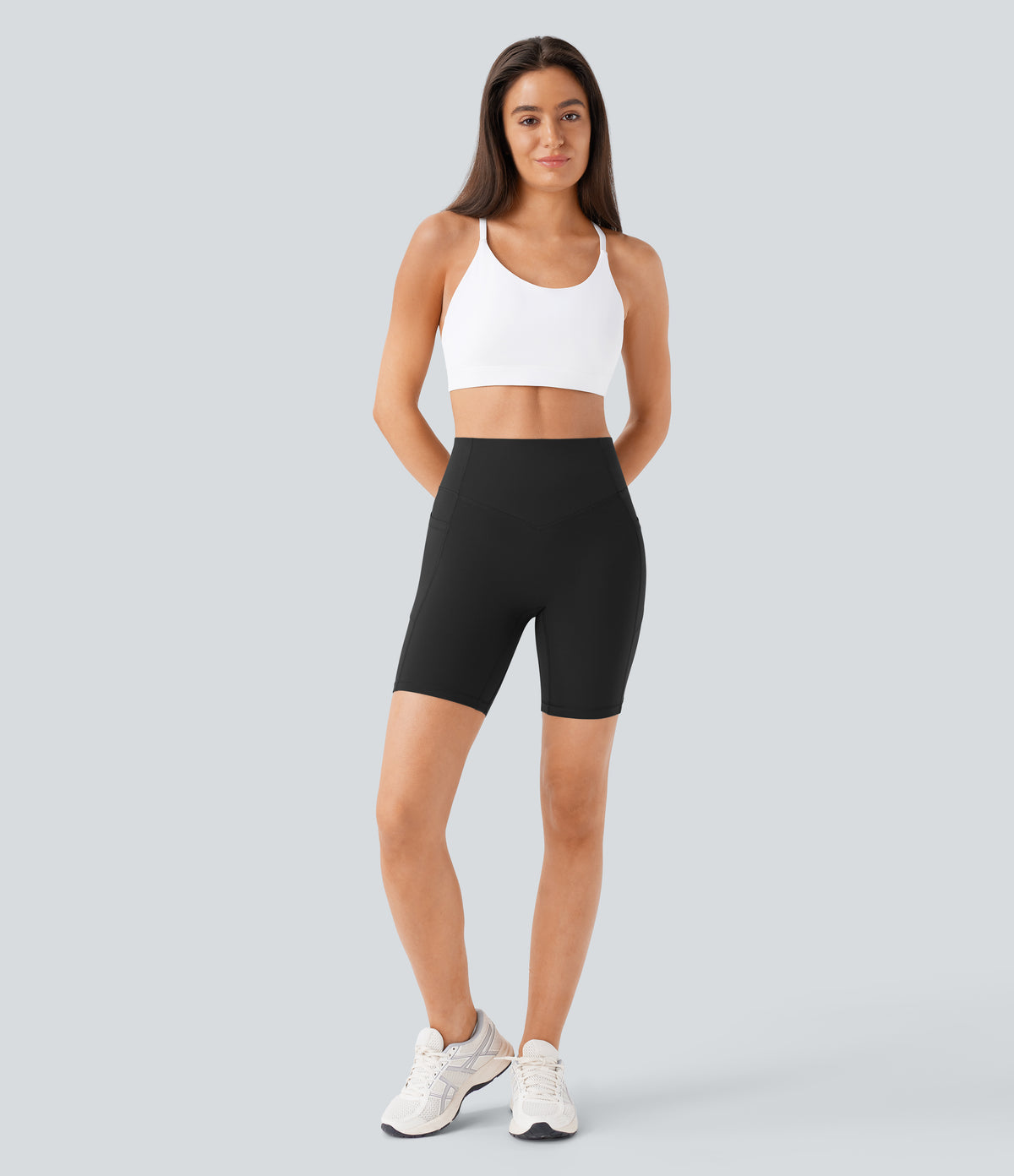 High Waisted Scrunch Butt Lifting Tummy Control Side Pocket Shaping Workout Biker Shorts 7'' — Black — view 7
