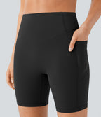 High Waisted Scrunch Butt Lifting Tummy Control Side Pocket Shaping Workout Biker Shorts 7'' — Black — view 6