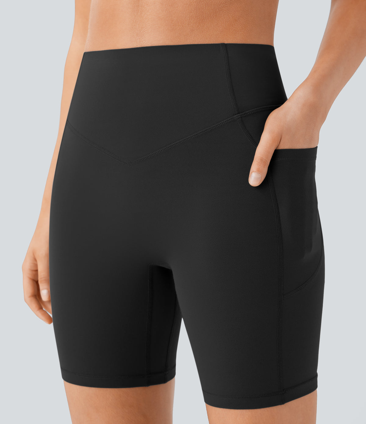 High Waisted Scrunch Butt Lifting Tummy Control Side Pocket Shaping Workout Biker Shorts 7'' — Black — view 6