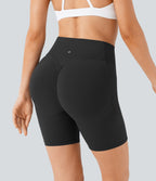 High Waisted Scrunch Butt Lifting Tummy Control Side Pocket Shaping Workout Biker Shorts 7'' — Black — view 3