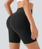 High Waisted Scrunch Butt Lifting Tummy Control Side Pocket Shaping Workout Biker Shorts 7'' — Black — view 5