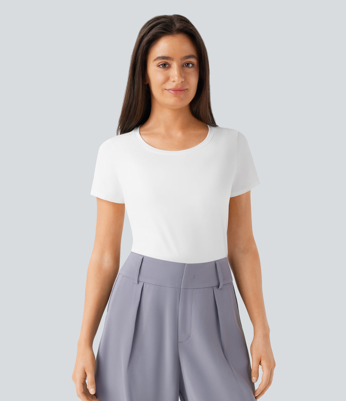Round Neck Short Sleeve Basic Work Top — White — view 1