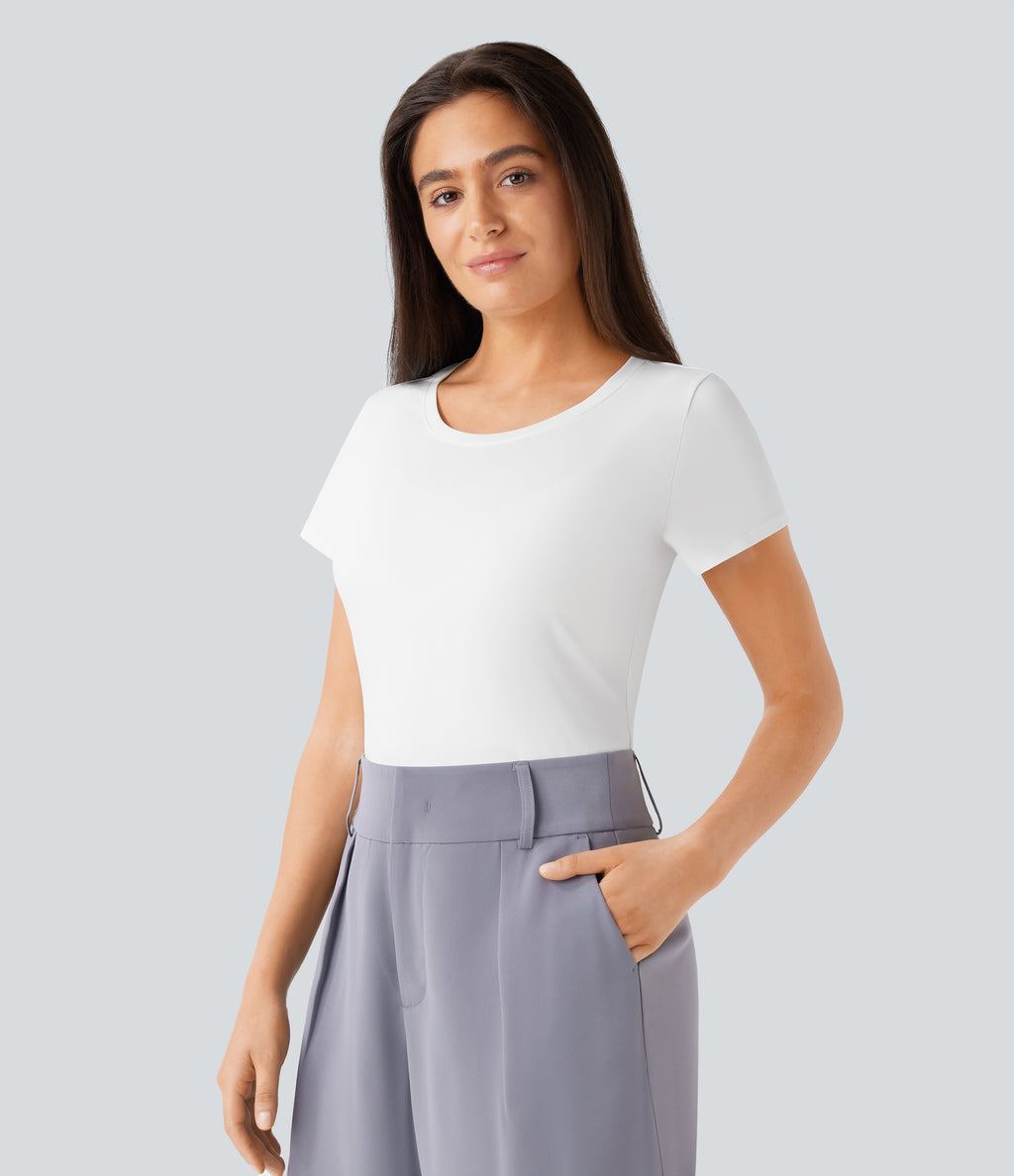 Round Neck Short Sleeve Basic Work Top — White — view 3