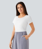 Round Neck Short Sleeve Basic Work Top — White — view 3