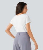 Round Neck Short Sleeve Basic Work Top — White — view 2