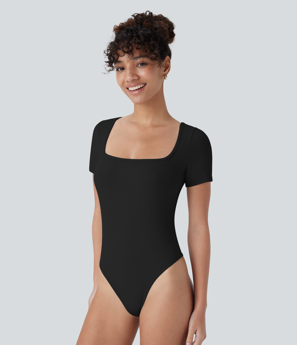 Ribbed Knit Square Neck Short Sleeve Button Skinny Work Bodysuit — Black — view 1