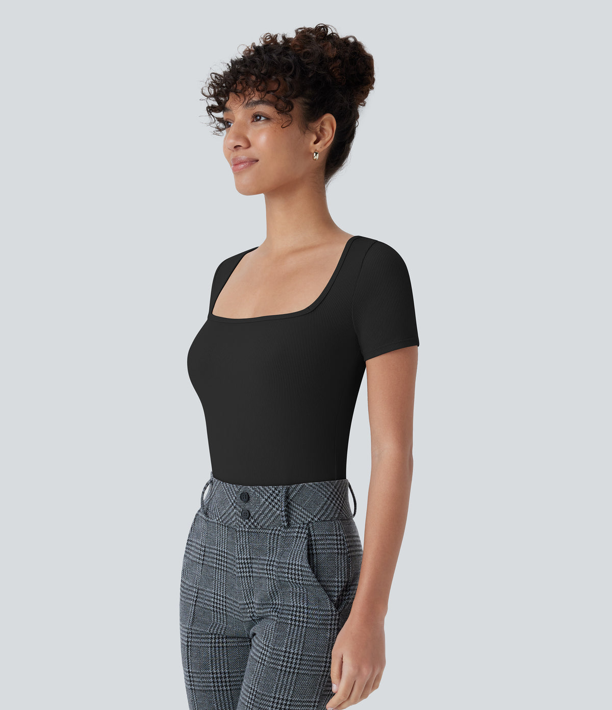 Ribbed Knit Square Neck Short Sleeve Button Skinny Work Bodysuit — Black — view 4