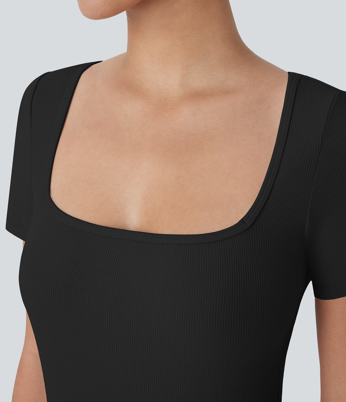 Ribbed Knit Square Neck Short Sleeve Button Skinny Work Bodysuit — Black — view 5