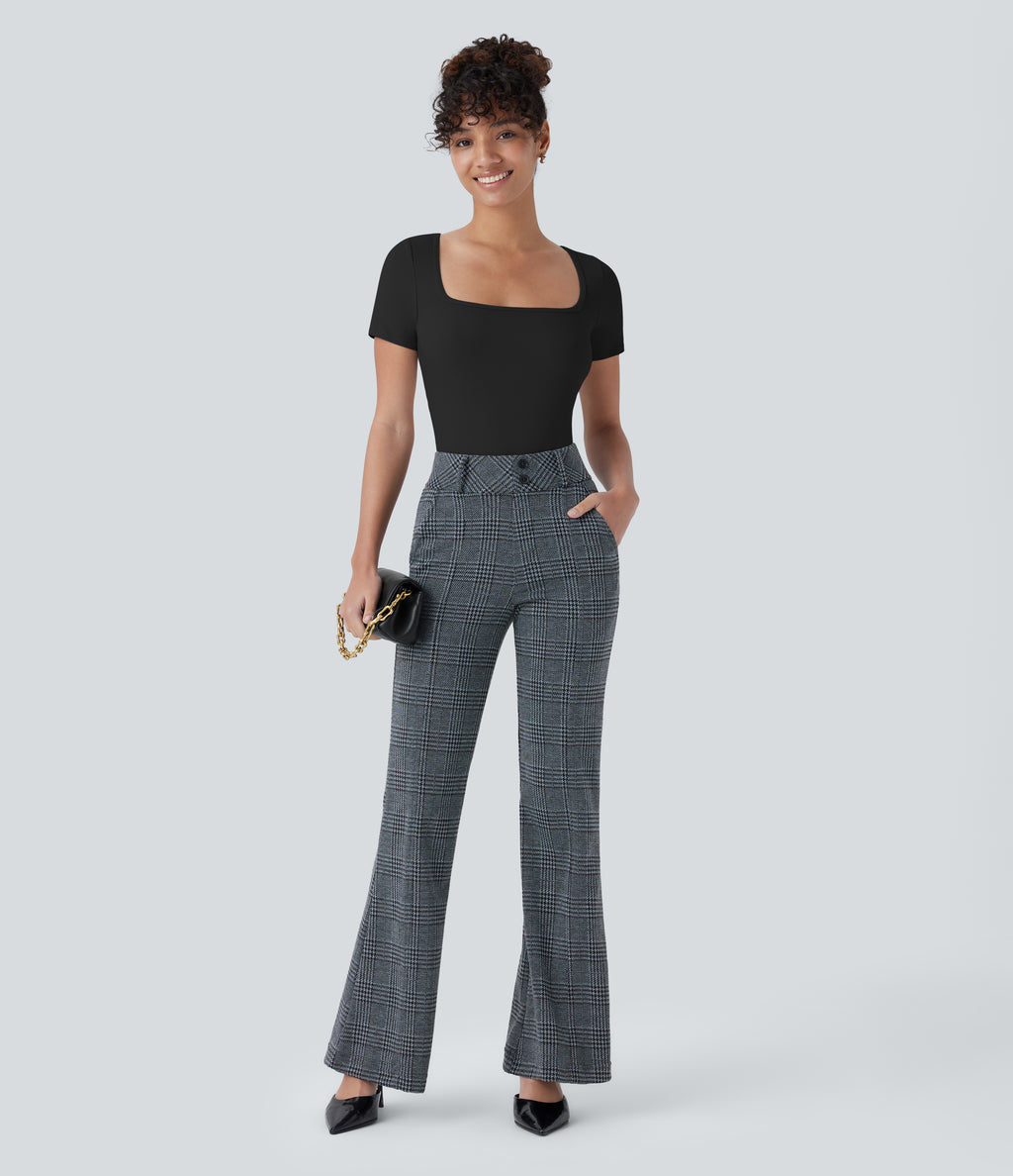 Ribbed Knit Square Neck Short Sleeve Button Skinny Work Bodysuit — Black — view 6