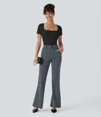 Ribbed Knit Square Neck Short Sleeve Button Skinny Work Bodysuit — Black — view 6