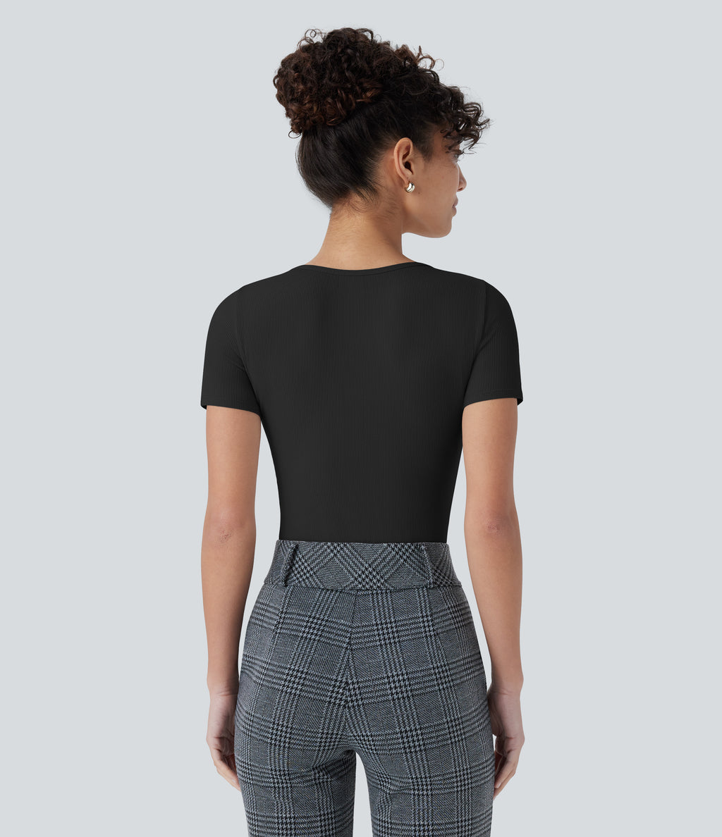 Ribbed Knit Square Neck Short Sleeve Button Skinny Work Bodysuit — Black — view 3