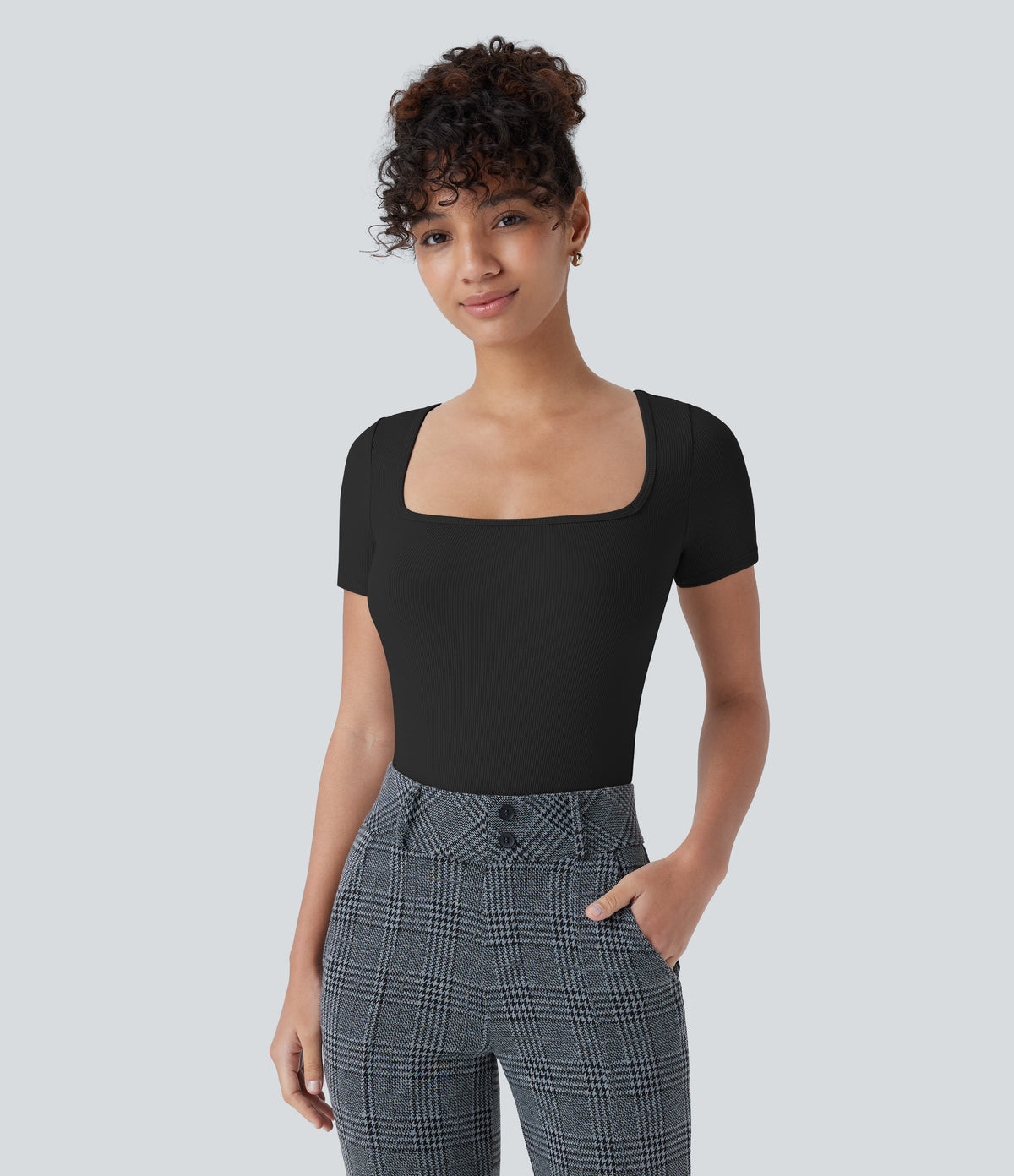 Ribbed Knit Square Neck Short Sleeve Button Skinny Work Bodysuit — Black — view 2
