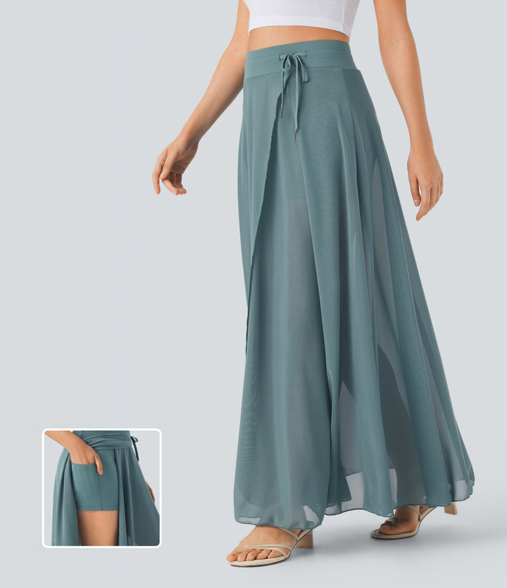 High Waisted Drawstring Contrast Mesh 2-in-1 Pocket Flowy Maxi Flare Casual Skirt — Mineral Blue — view 1