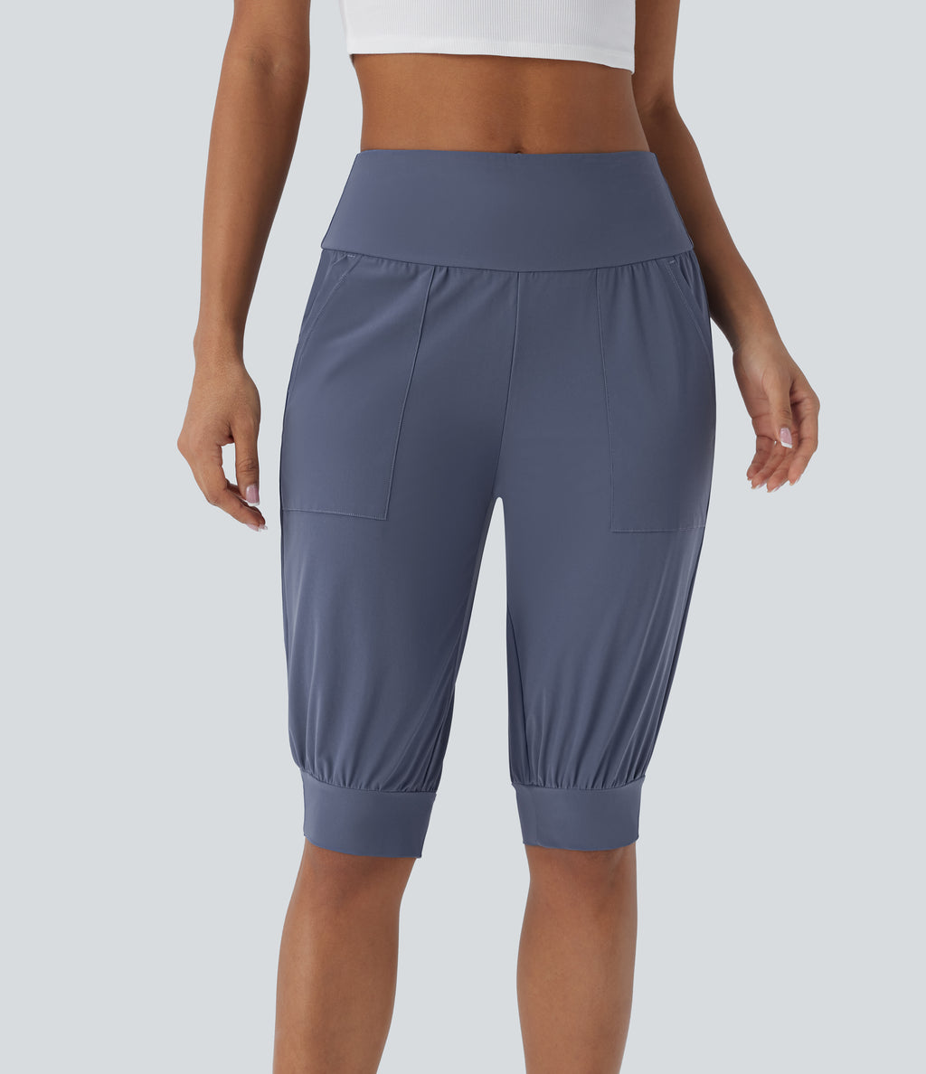 High Waisted Side Pocket Casual Shorts — Nightshadow Blue — view 3