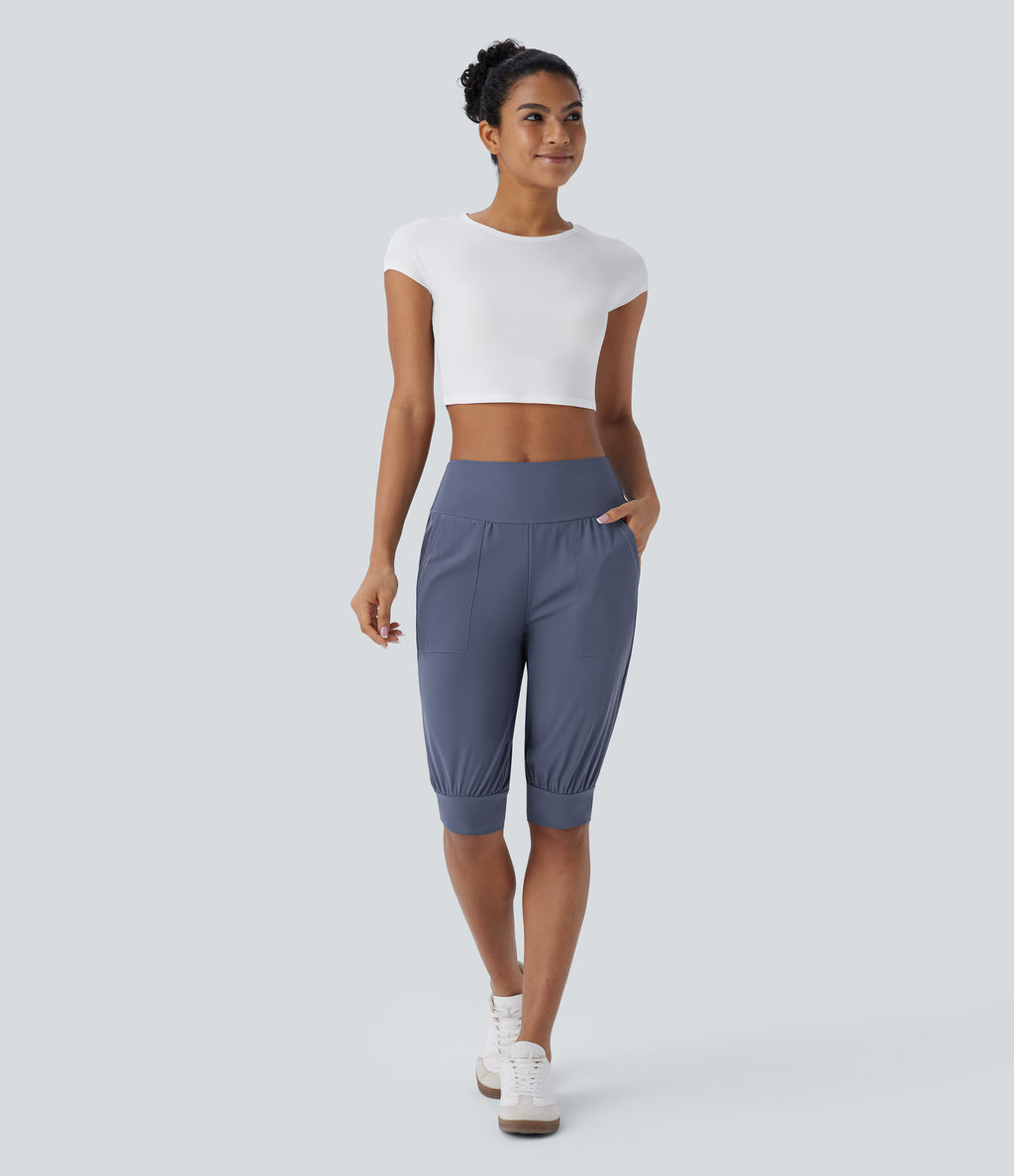 High Waisted Side Pocket Casual Shorts — Nightshadow Blue — view 7