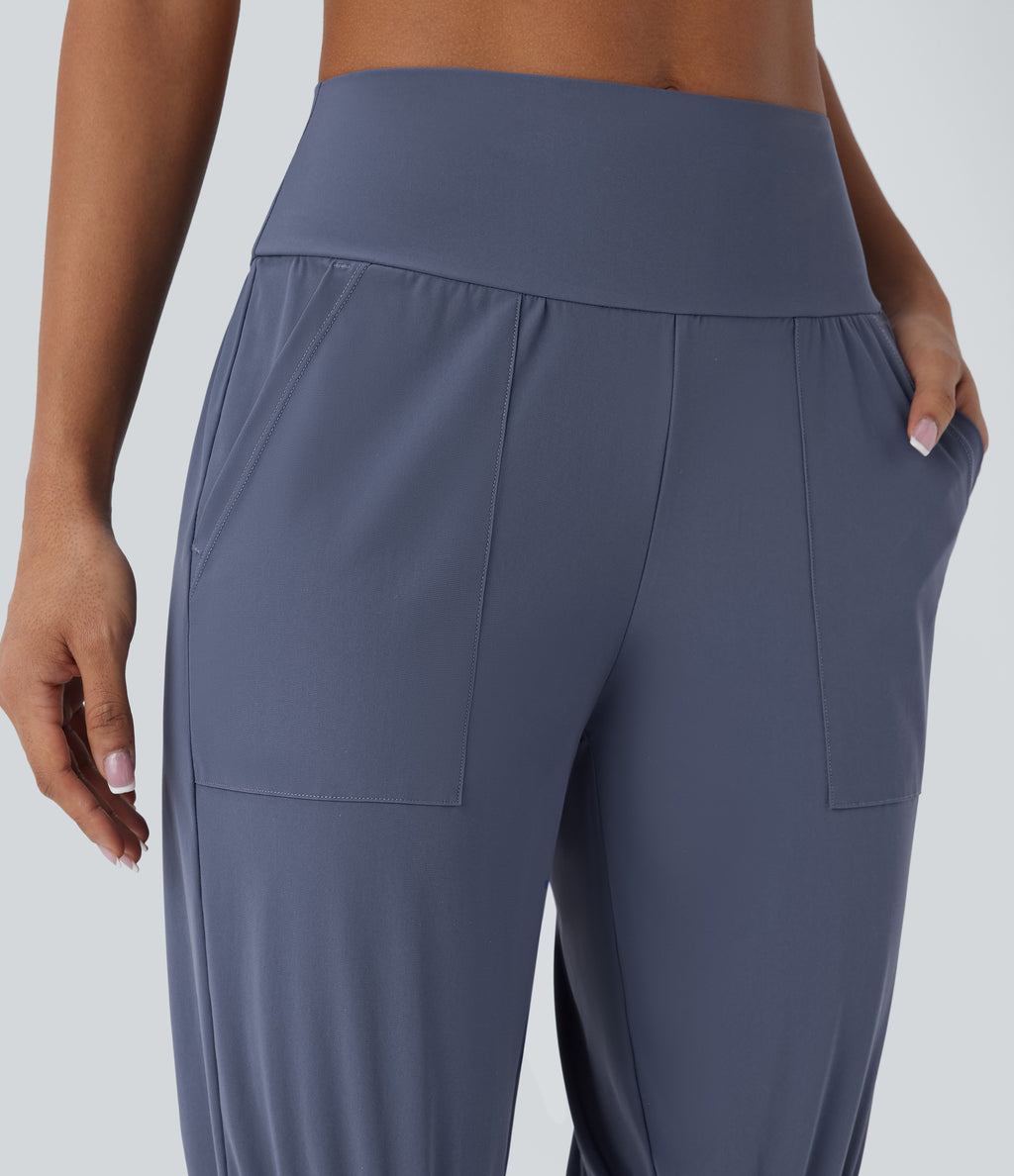 High Waisted Side Pocket Casual Shorts — Nightshadow Blue — view 4