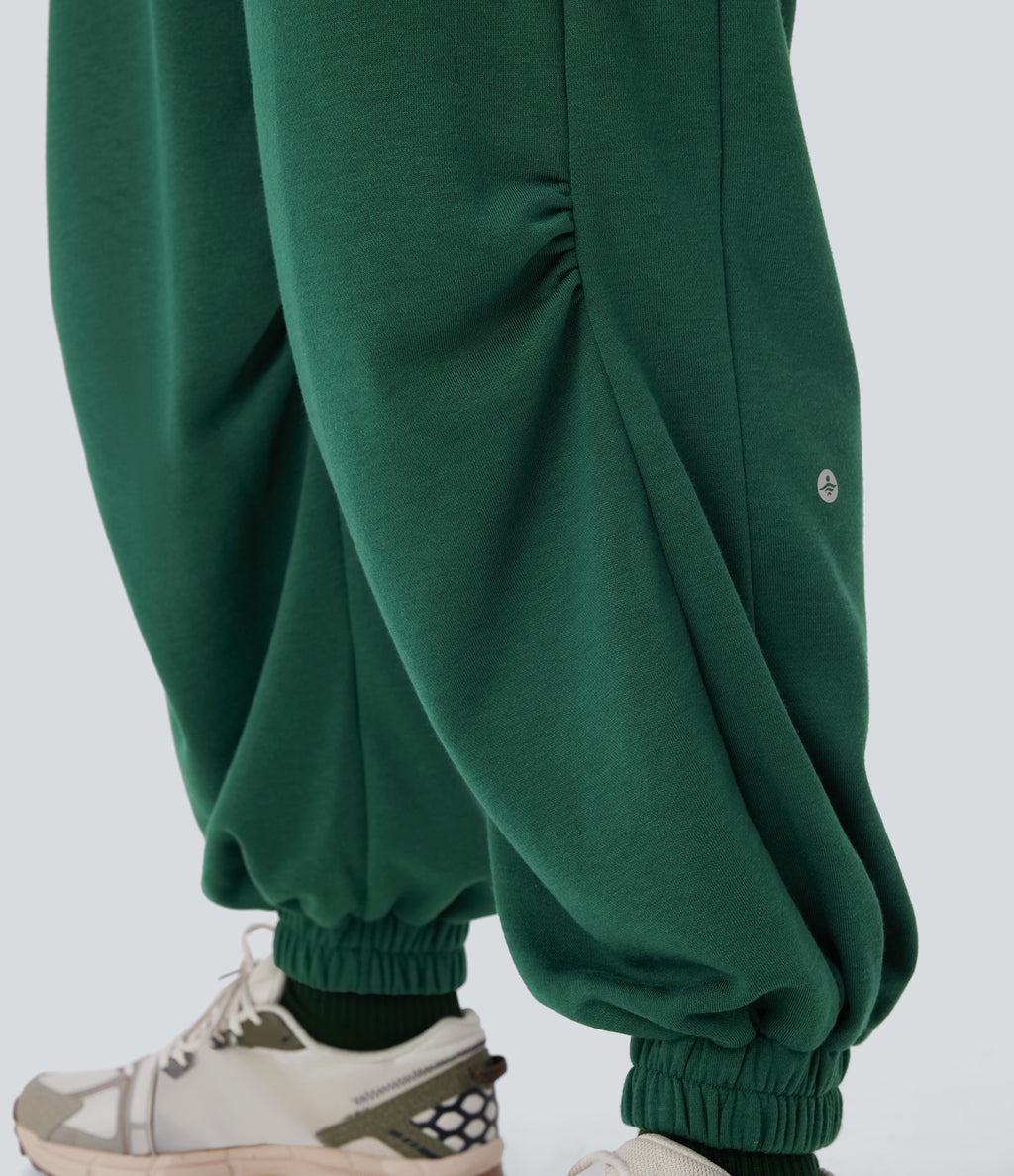 High Waisted Drawstring Side Pocket Running Joggers — Posy Green — view 5