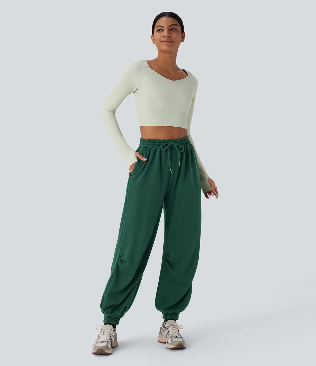 High Waisted Drawstring Side Pocket Running Joggers — Posy Green — view 6