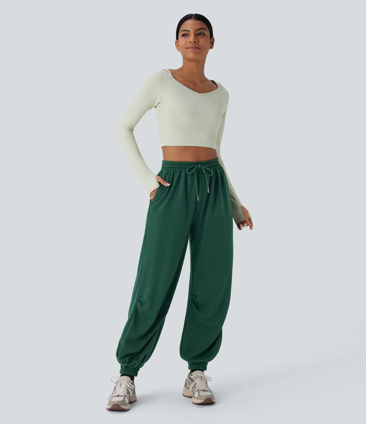 High Waisted Drawstring Side Pocket Running Joggers — Posy Green — view 6