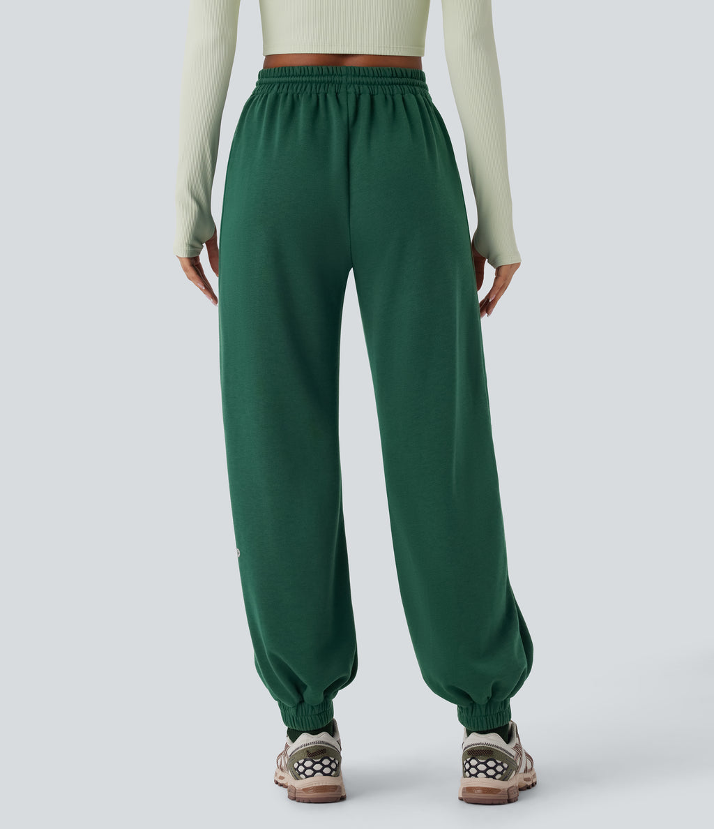 High Waisted Drawstring Side Pocket Running Joggers — Posy Green — view 2