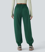 High Waisted Drawstring Side Pocket Running Joggers — Posy Green — view 2