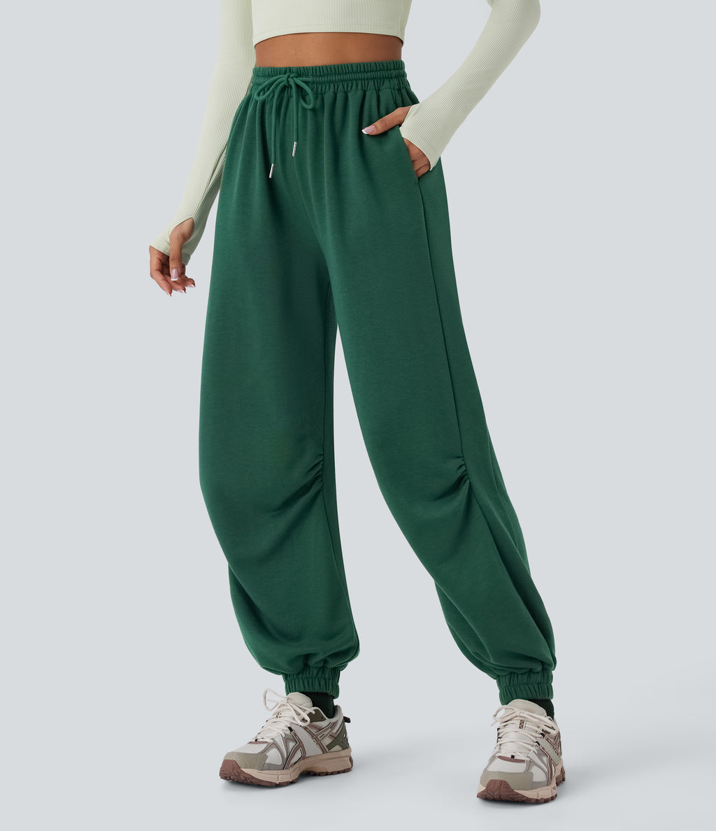 High Waisted Drawstring Side Pocket Running Joggers — Posy Green — view 3