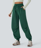 High Waisted Drawstring Side Pocket Running Joggers — Posy Green — view 3
